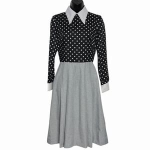 VINTAGE 60s 70s HERMAN MARCUS DALLAS BLACK WHITE POLKA DOT GRAY MIDI DRESS SZ 6